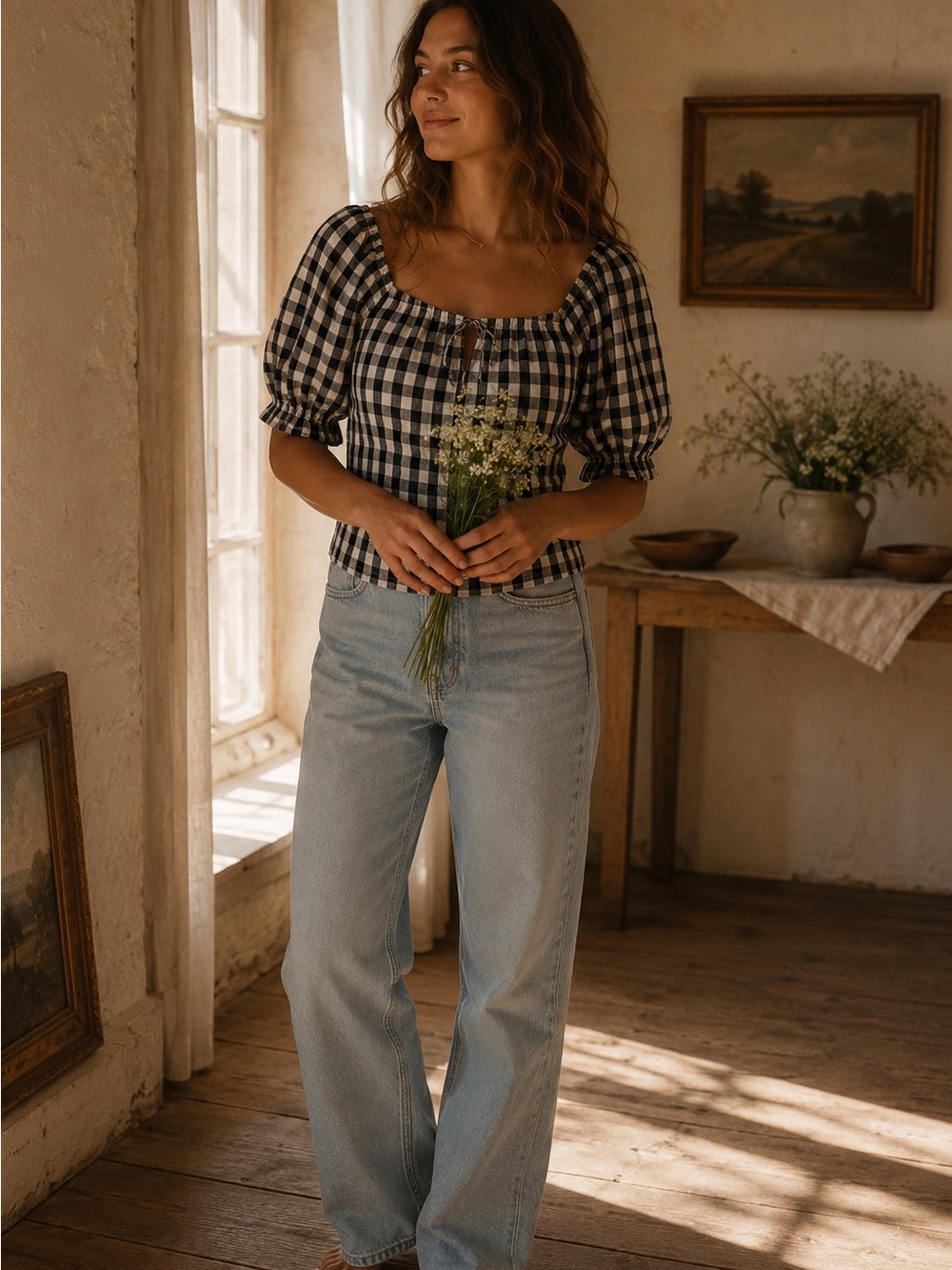 VERO MODA | 100% Organic Cotton Gingham Peasant Blouse | Cottagecore Puff Sleeve